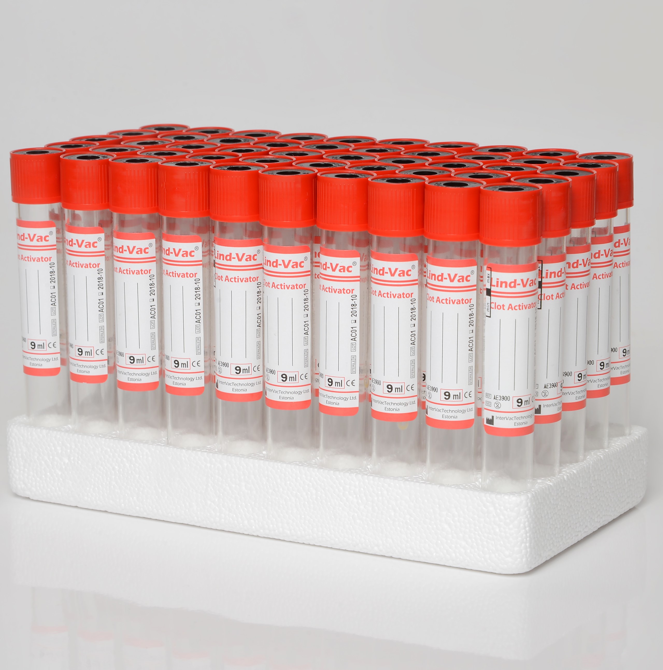 Вакуумна пробірка Lind-Vac® 16x100 мм, Активатор згортання, 9 мл, червона кришка, стерильна, етикетка з подвійним кодом